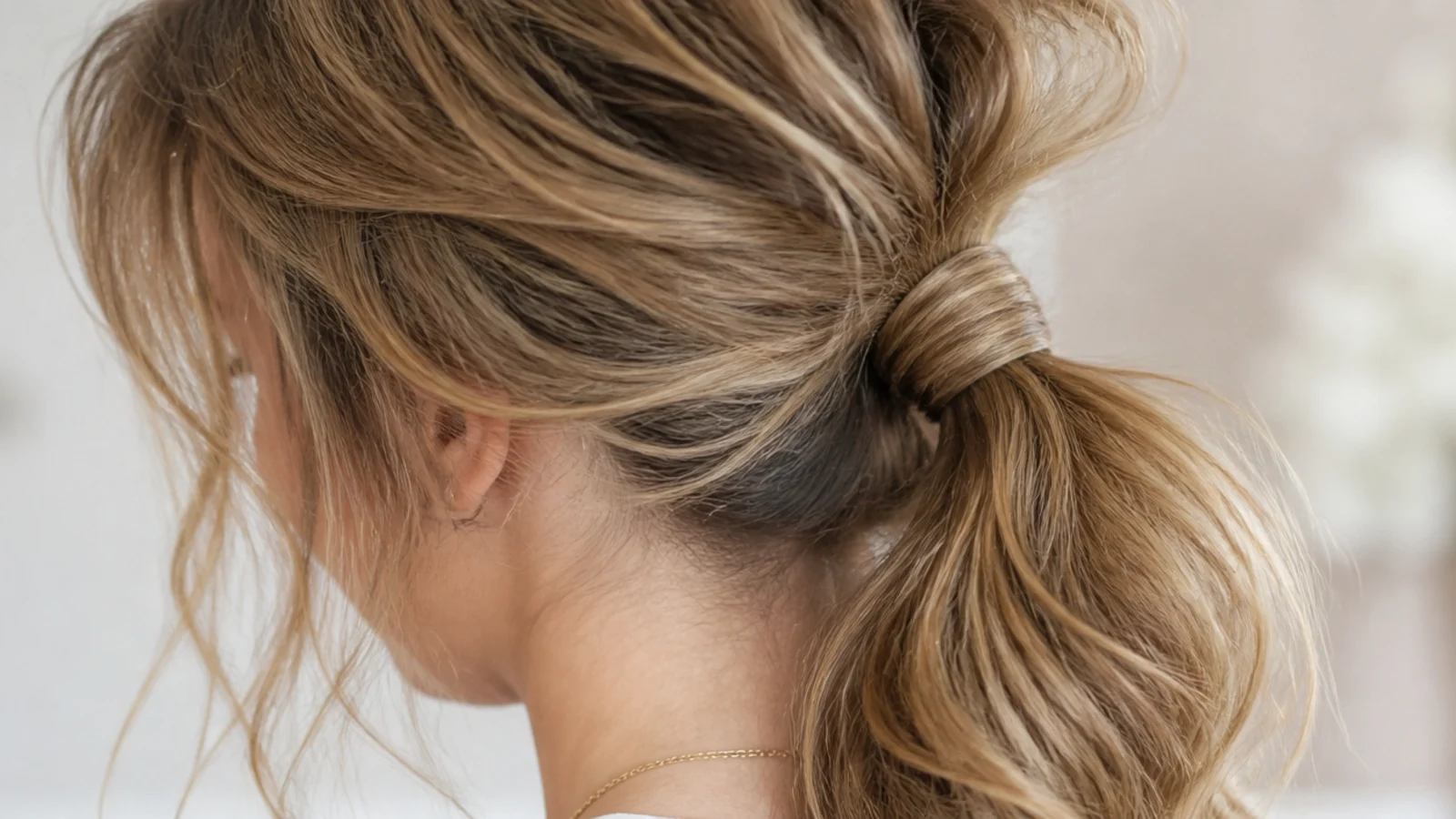 Messy ponytail built from overnight braid waves with soft bends through the length