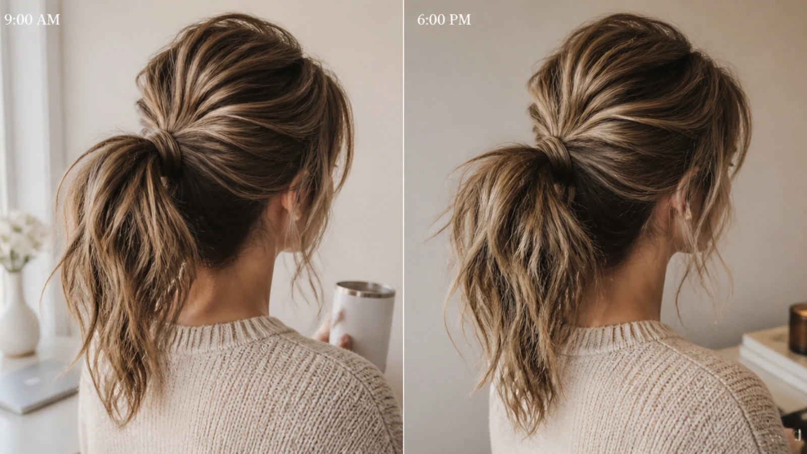 Messy ponytail volume and all-day hold tested at 9am and again at 6pm on a workday