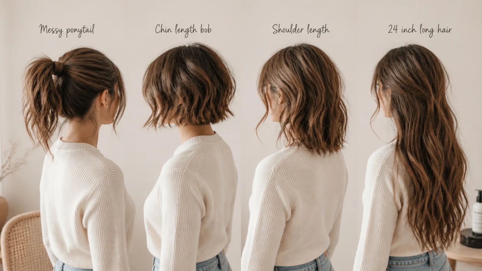 Messy ponytail for busy days compared on a chin length bob, shoulder length hair and 24 inch long hair