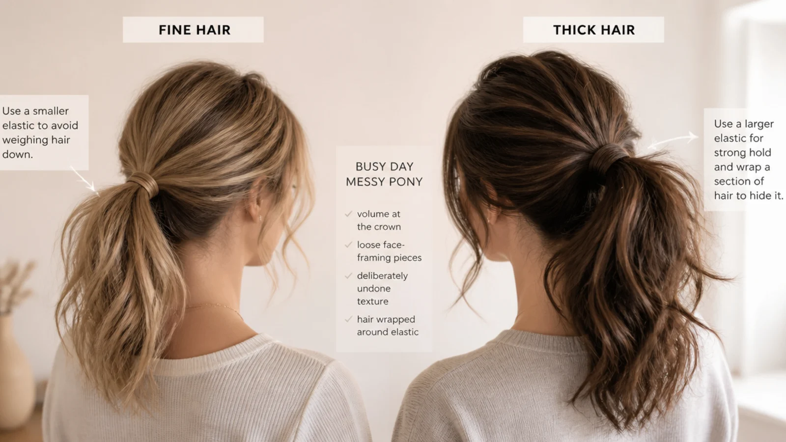 Busy day messy ponytail compared on fine hair and on thick hair with different elastics