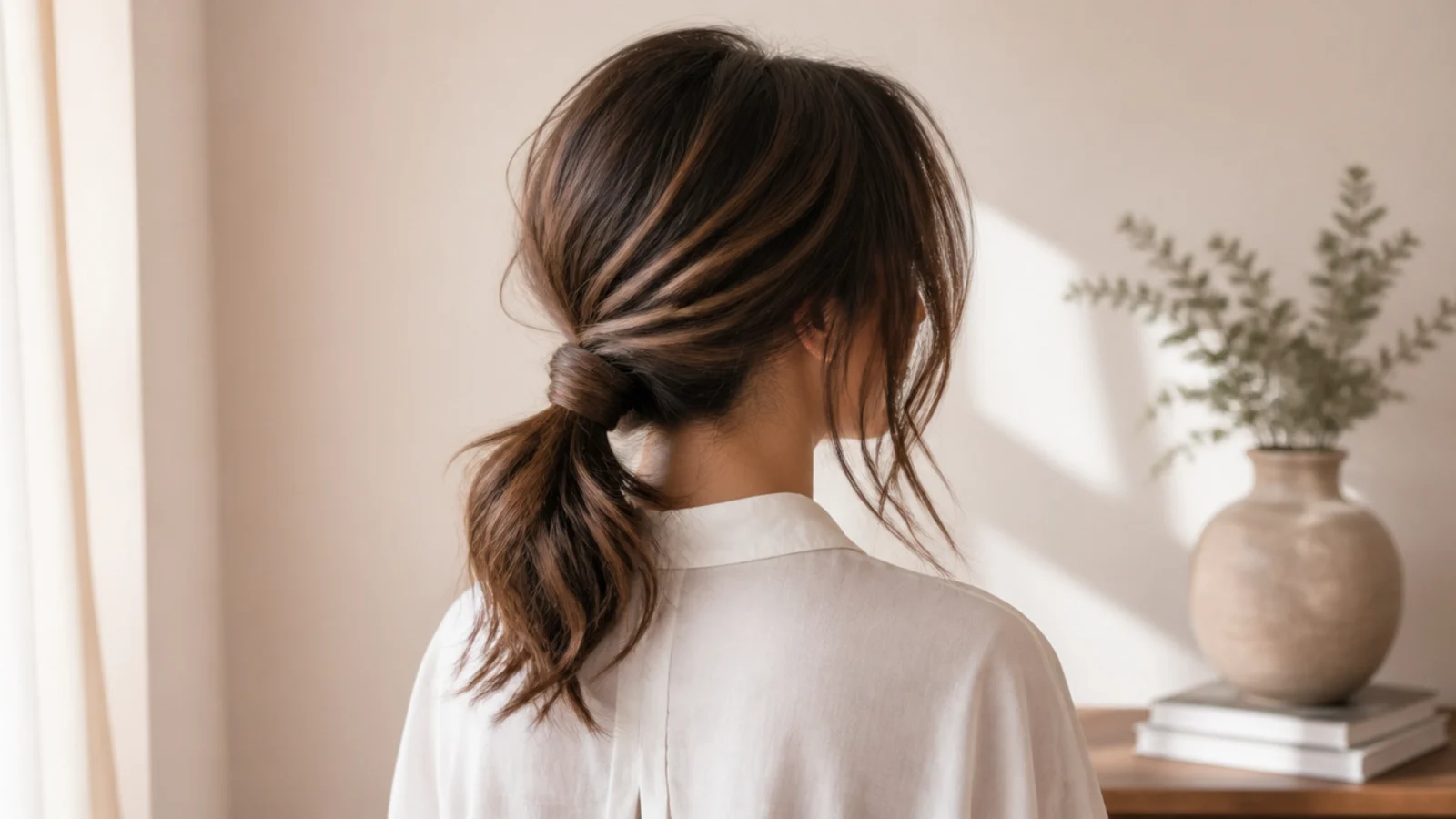 Messy ponytail for busy days tied at the nape with loose temple pieces and a wrapped elastic