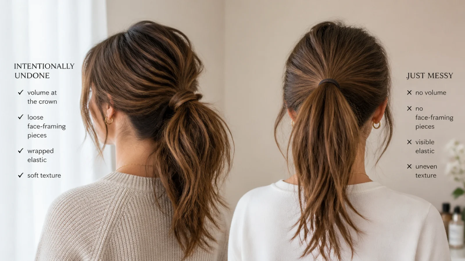 Two busy day messy ponytails compared, one intentionally undone and one that just looks untidy