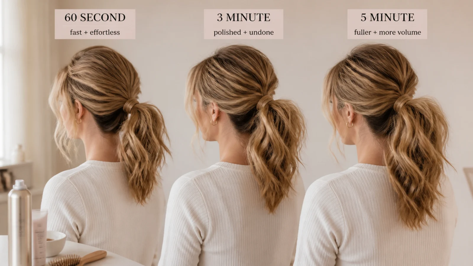 Busy day messy ponytails sorted into 60 second, 3 minute and 5 minute time budgets