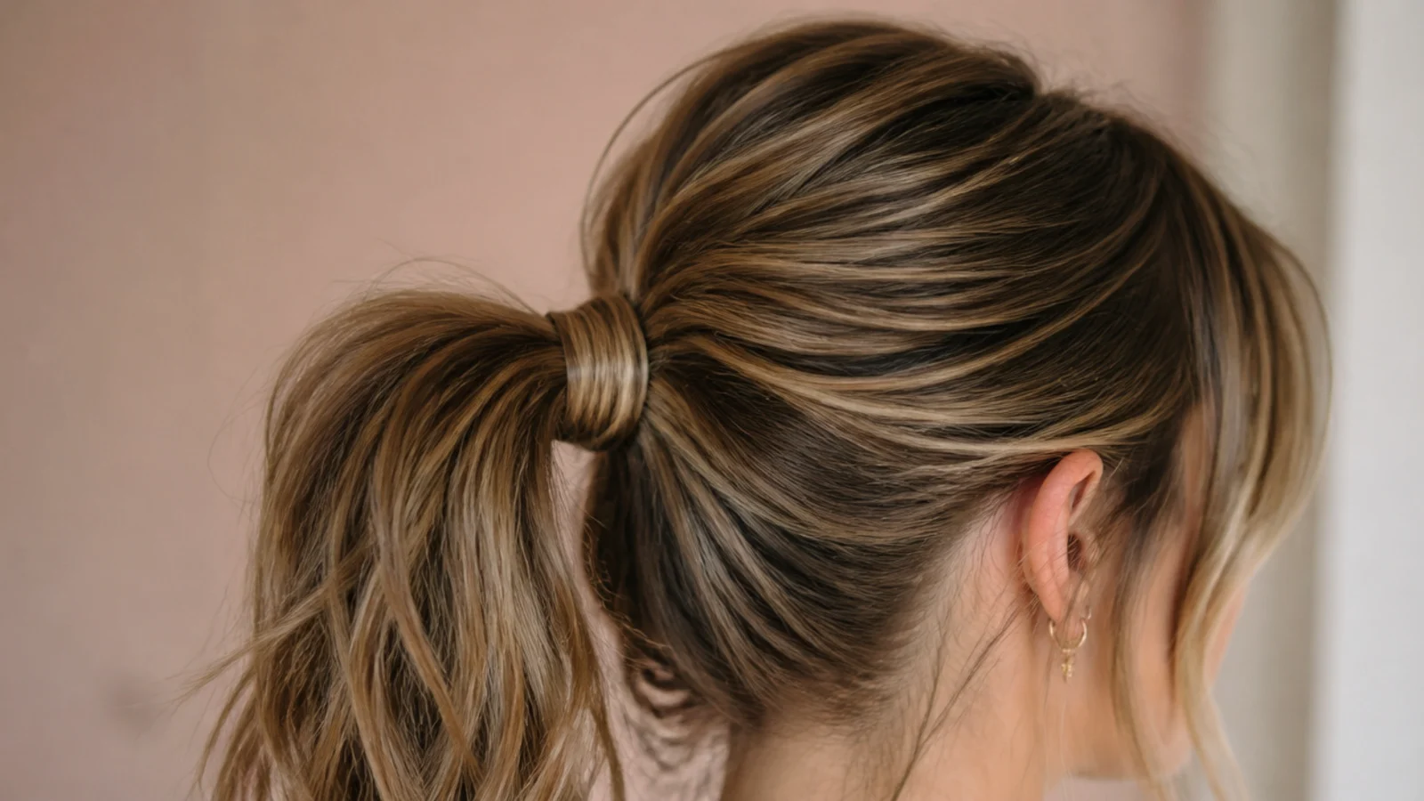 Long hair in a mid-height messy ponytail tied level with the top of the ear