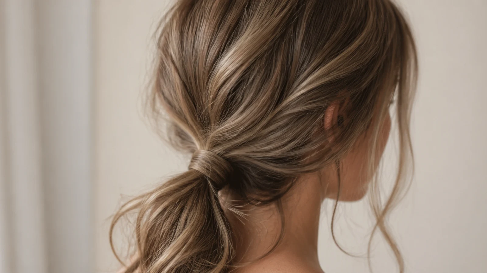 Low messy ponytail tied at the nape on long hair with soft face-framing strands pulled out
