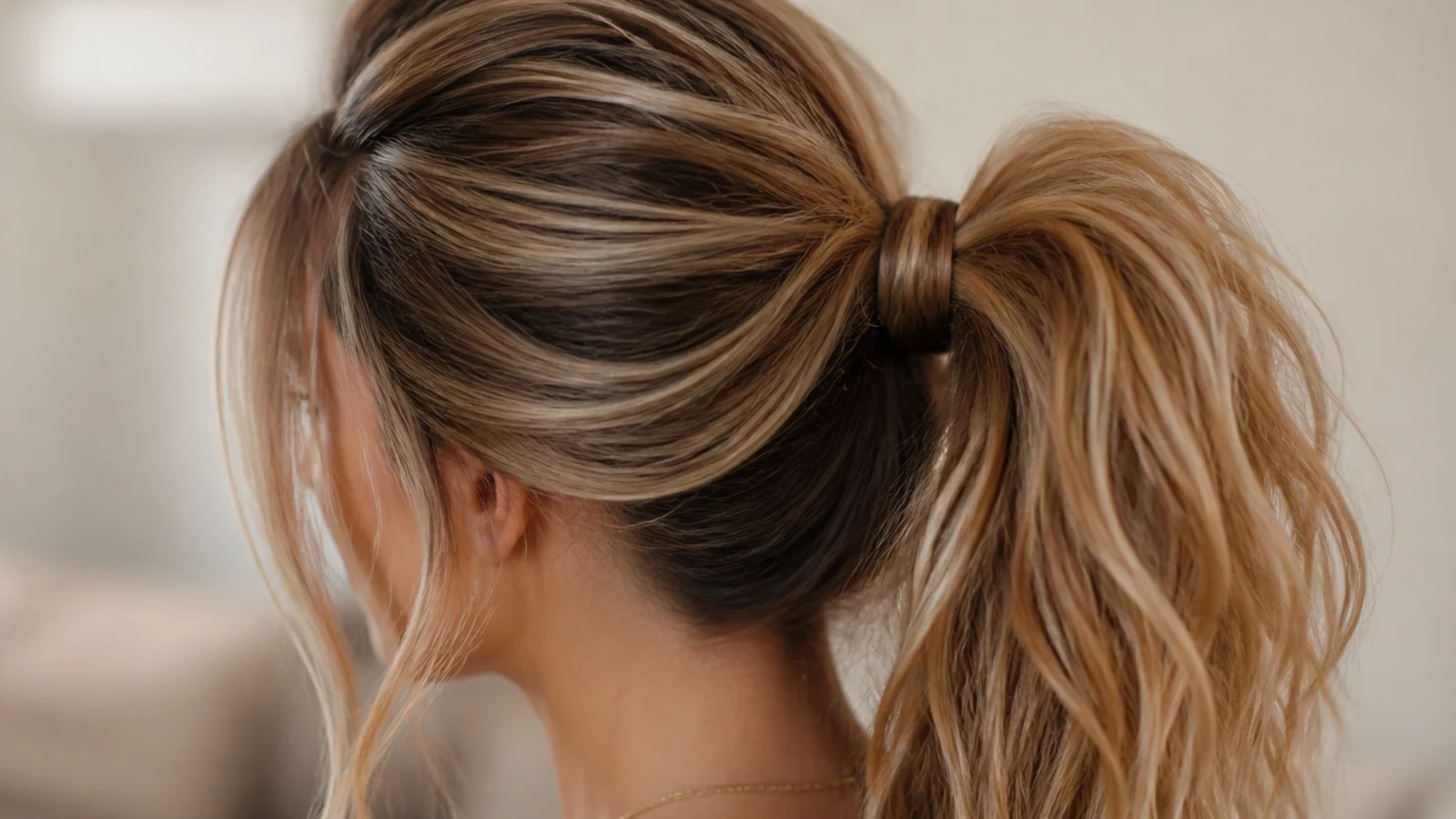 Long hair in a high messy ponytail with a backcombed teased crown for lift