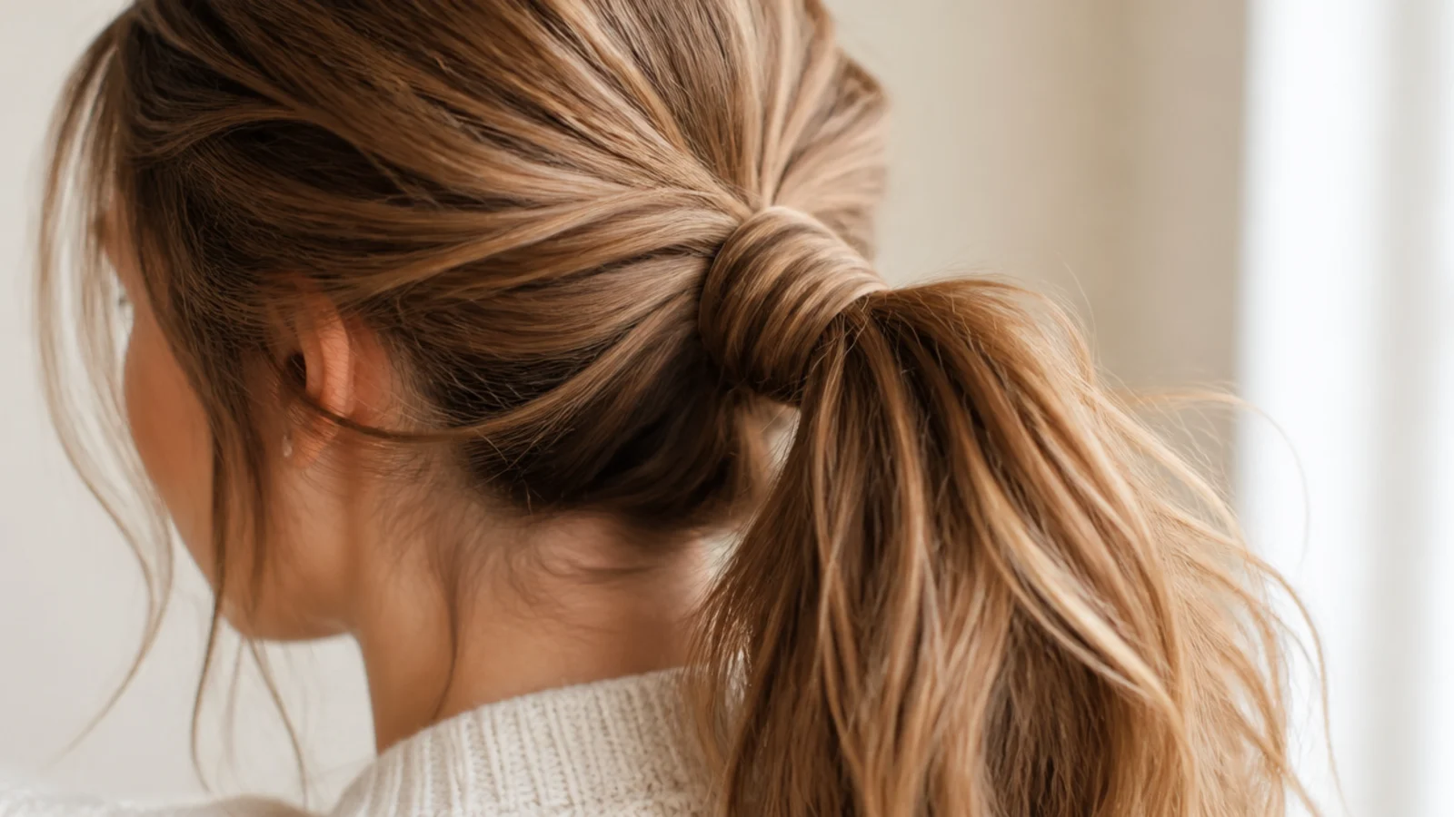 Long messy ponytail with a strand of hair wrapped around the elastic to hide the hair tie