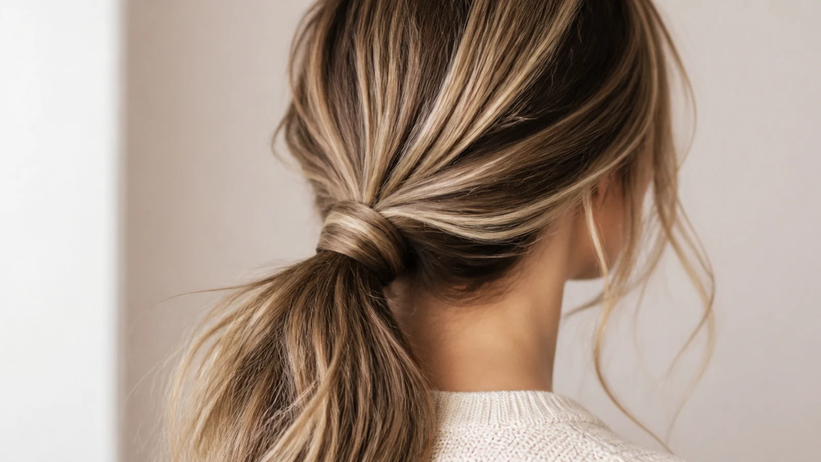 Long hair swept to one side in a low messy ponytail resting over the shoulder