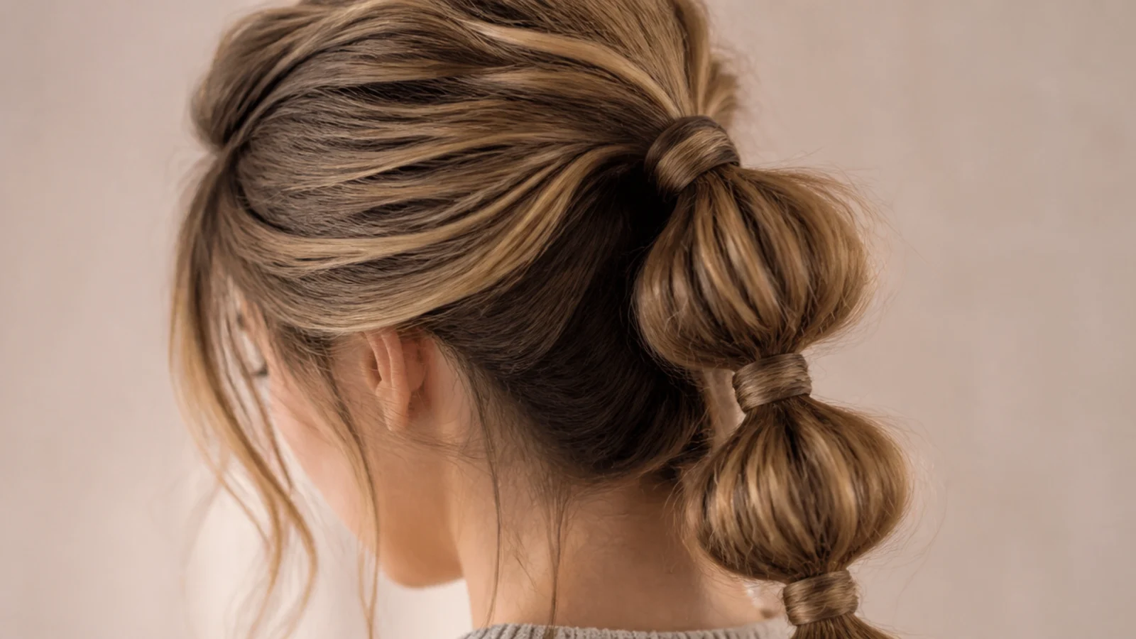 Long hair in a messy bubble ponytail with four segments separated by clear elastics