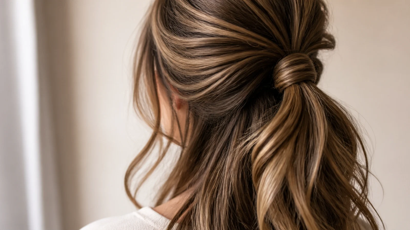 Half-up messy ponytail on long hair with the lower length left loose down the back
