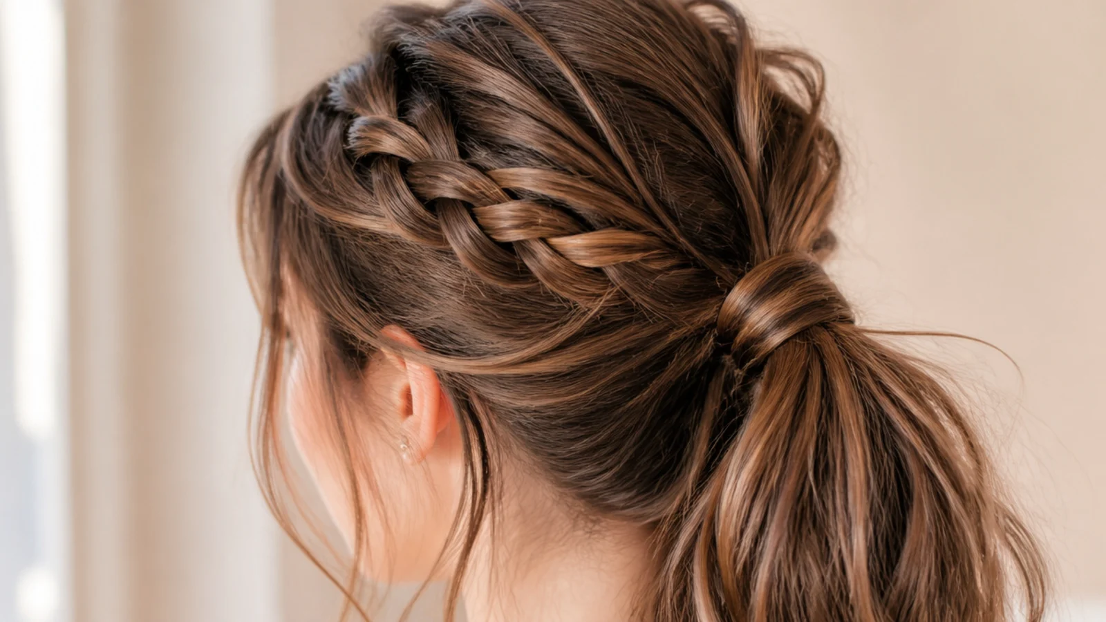 Long messy ponytail with a loose three-strand braid running along the crown into the tie