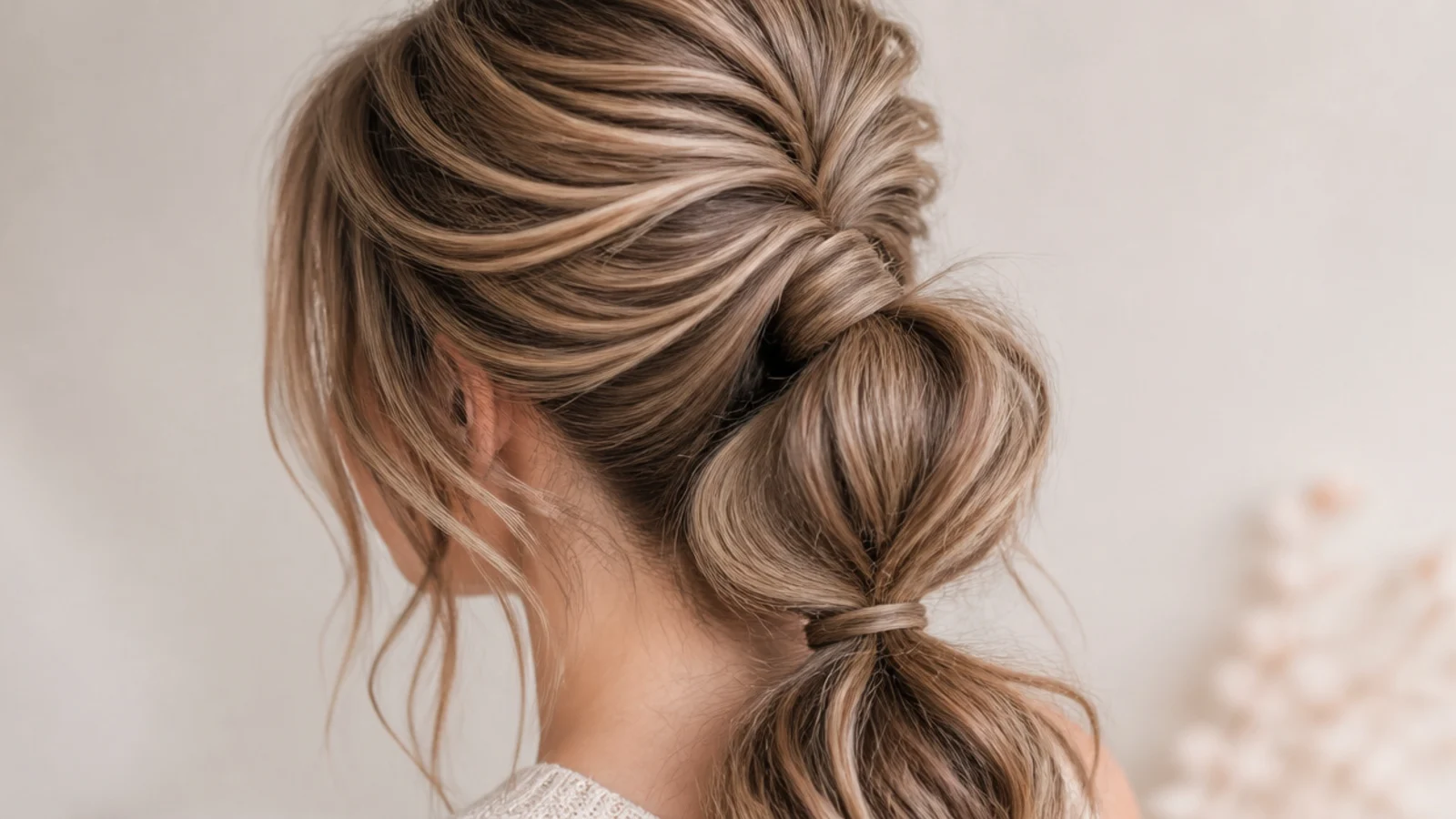 Long hair in a messy pull-through ponytail with stacked looped sections down the back