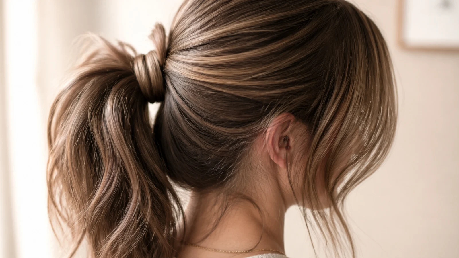 Long hair in a mid messy ponytail with curtain bangs framing the face on both sides