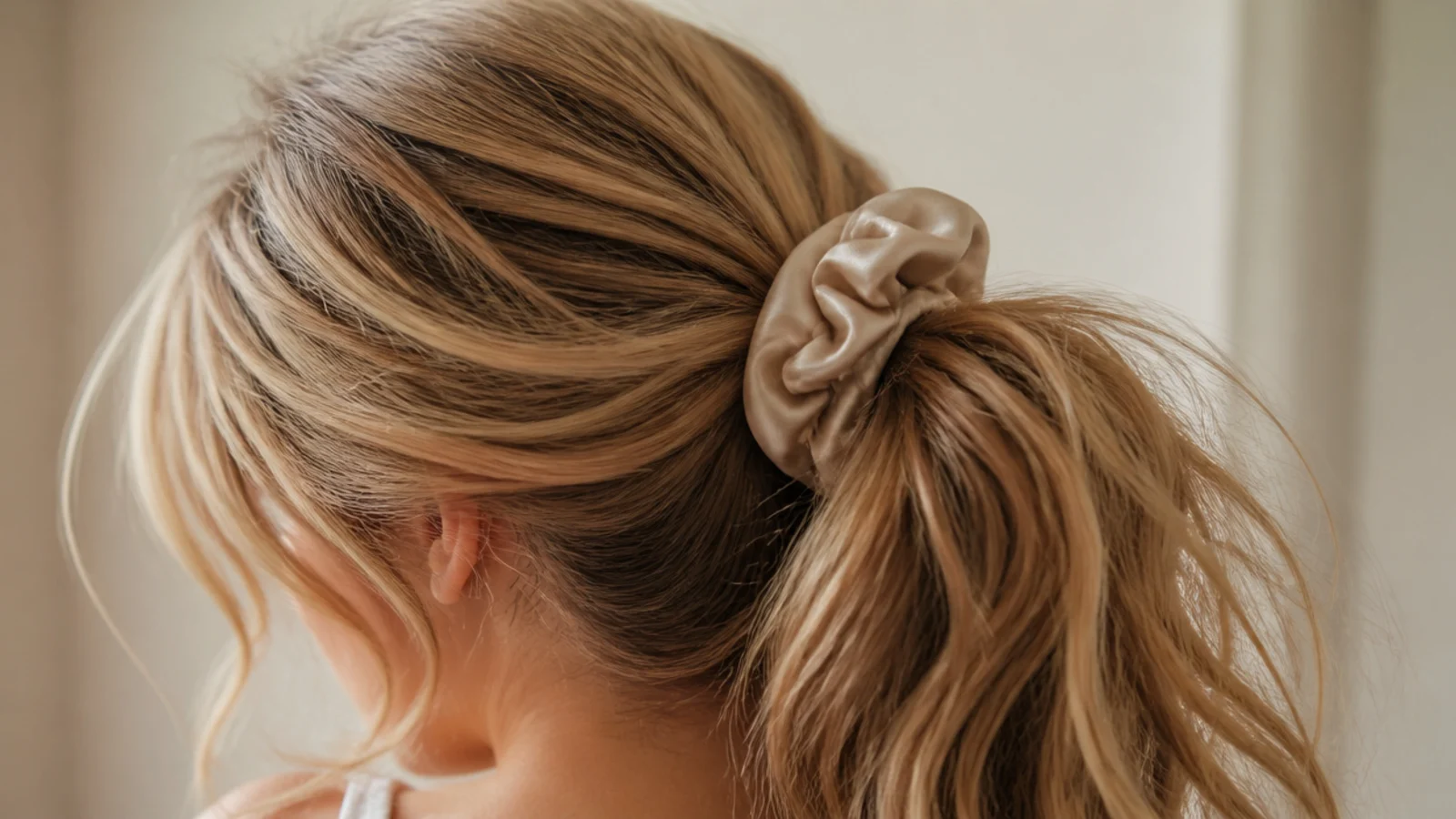 Thick long hair gathered in a messy ponytail secured with an oversized satin scrunchie
