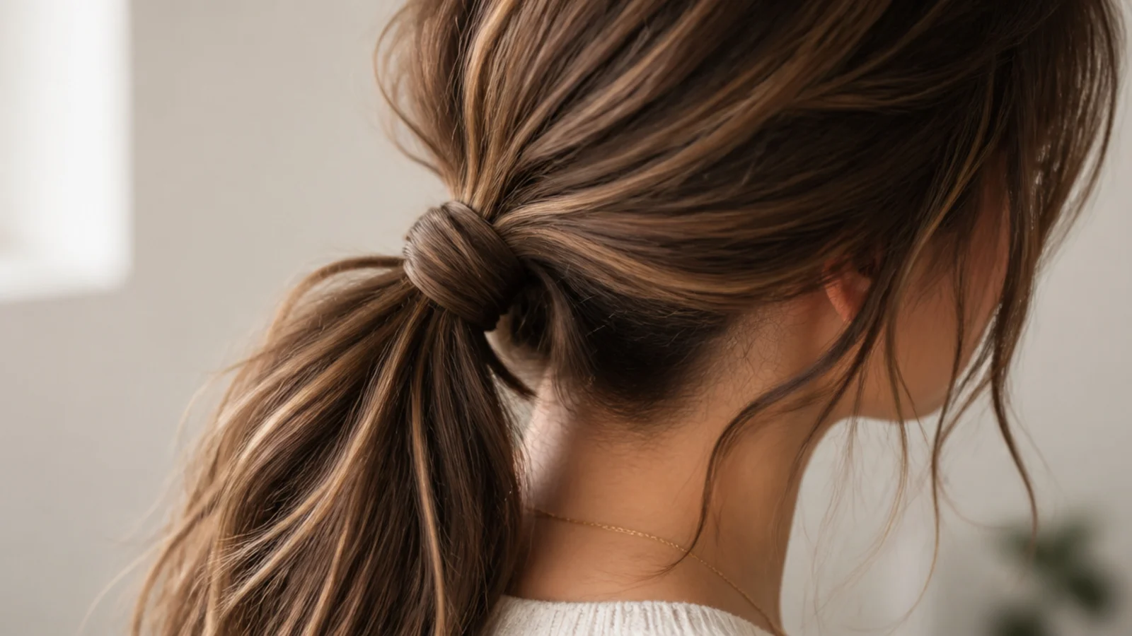 Long hair tied into a low messy ponytail using a knotted section of hair instead of an elastic