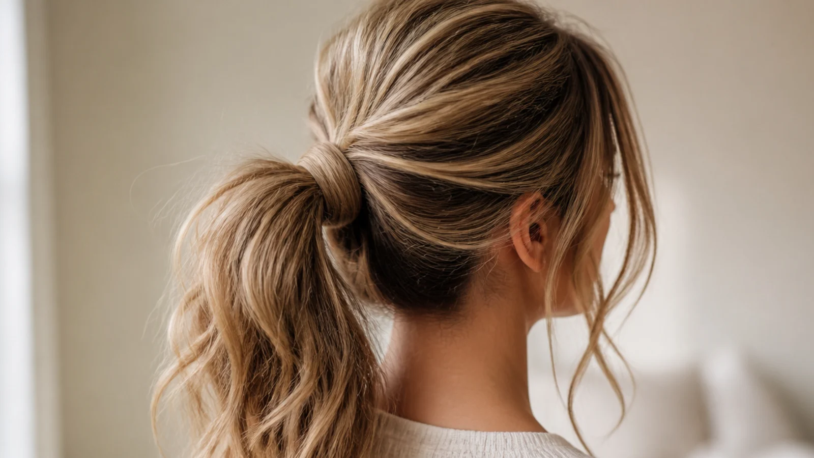 Long ponytail with smooth polished roots and a deliberately tousled undone tail