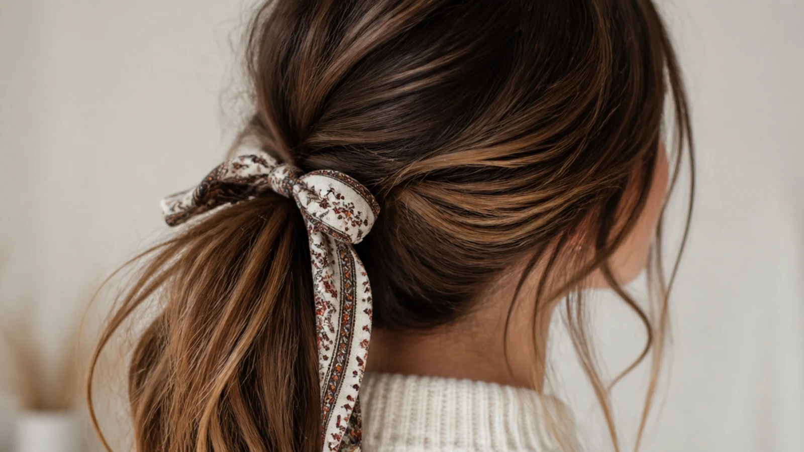Long messy ponytail tied at the base with a patterned silk scarf knotted into a bow