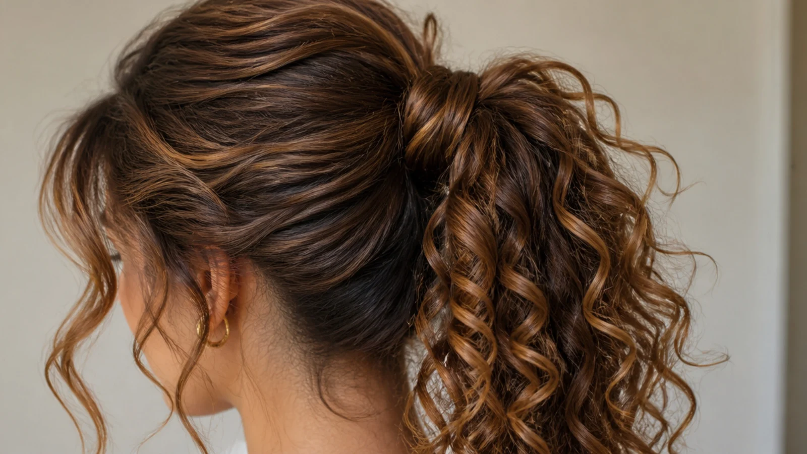 Long curly hair gathered into a high messy ponytail with defined 3a curls in the tail