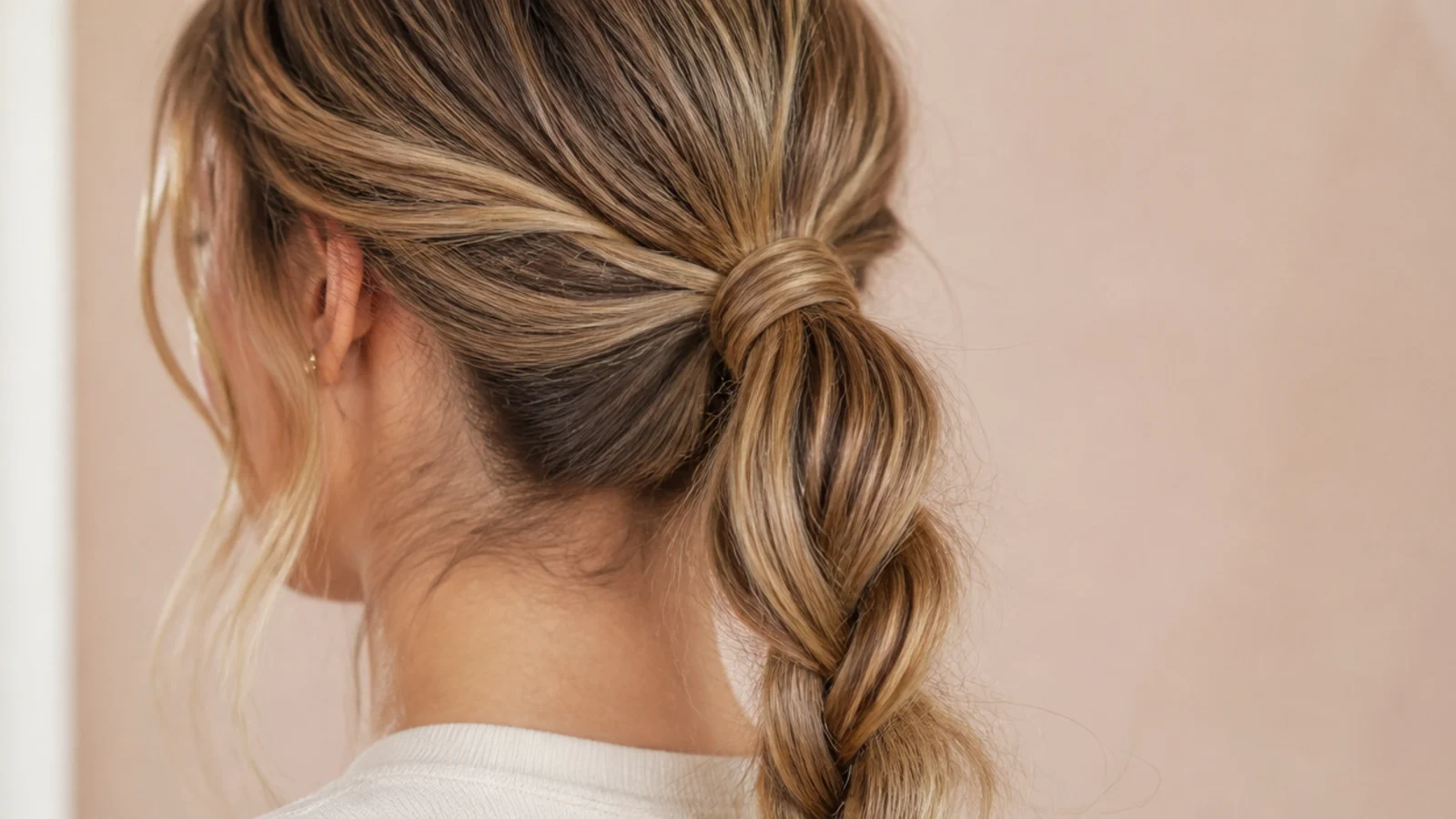 Long messy ponytail with the tail split and twisted into a loose two-strand rope