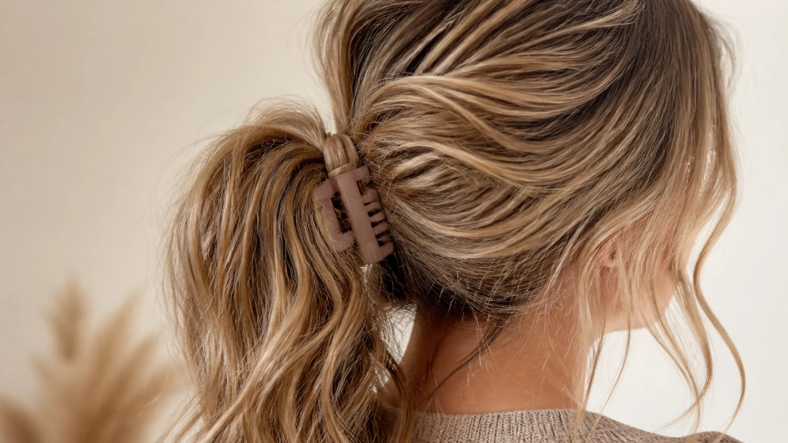 Long messy ponytail held at the base by a matte claw clip instead of a hair elastic
