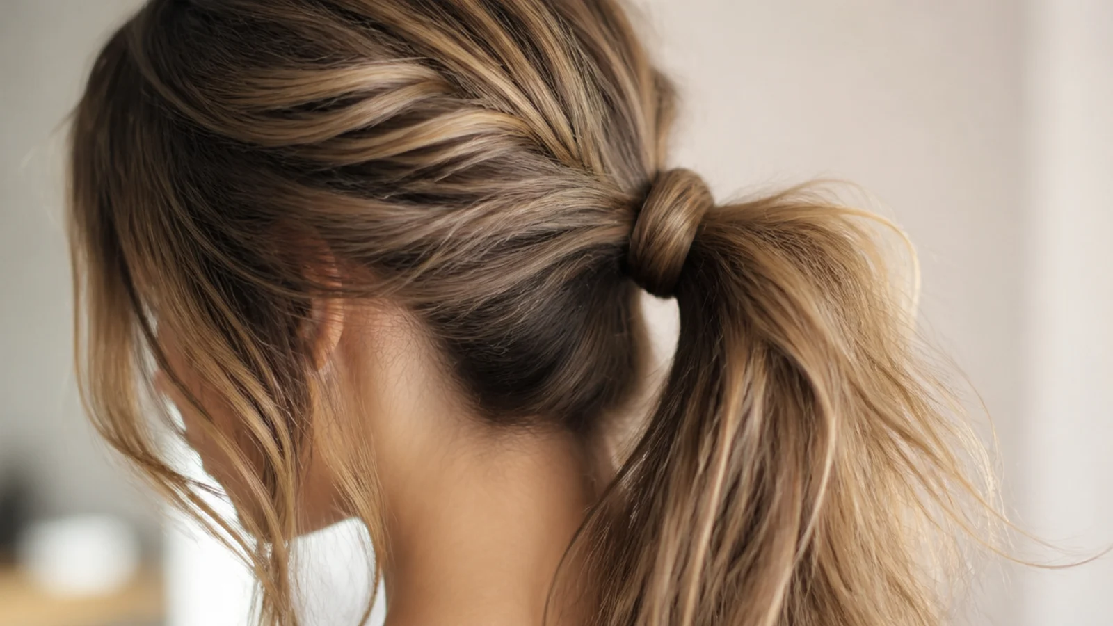 Long second-day hair in a textured messy ponytail with visible grip and natural piecey texture