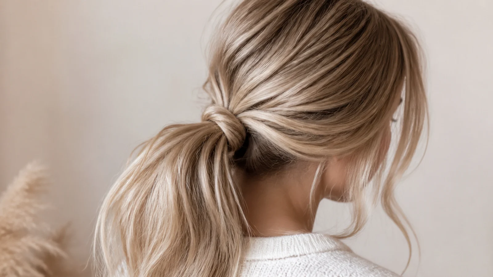 Waist-length hair in a deliberately loose low messy ponytail with soft slack across the crown