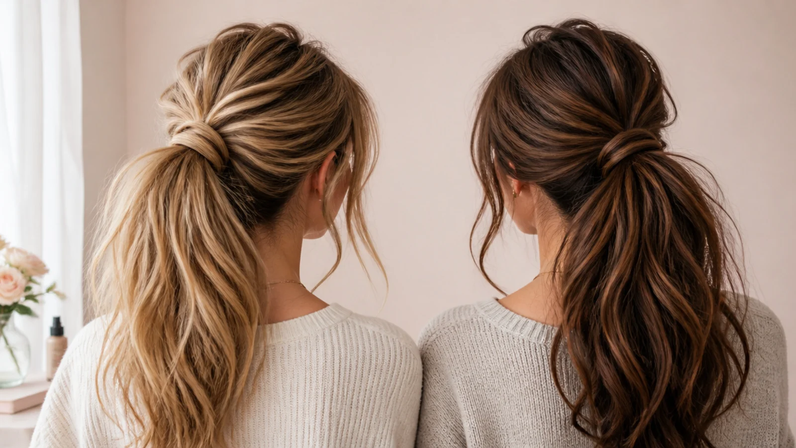 Fine long hair and thick long hair styled in messy ponytails side by side for comparison
