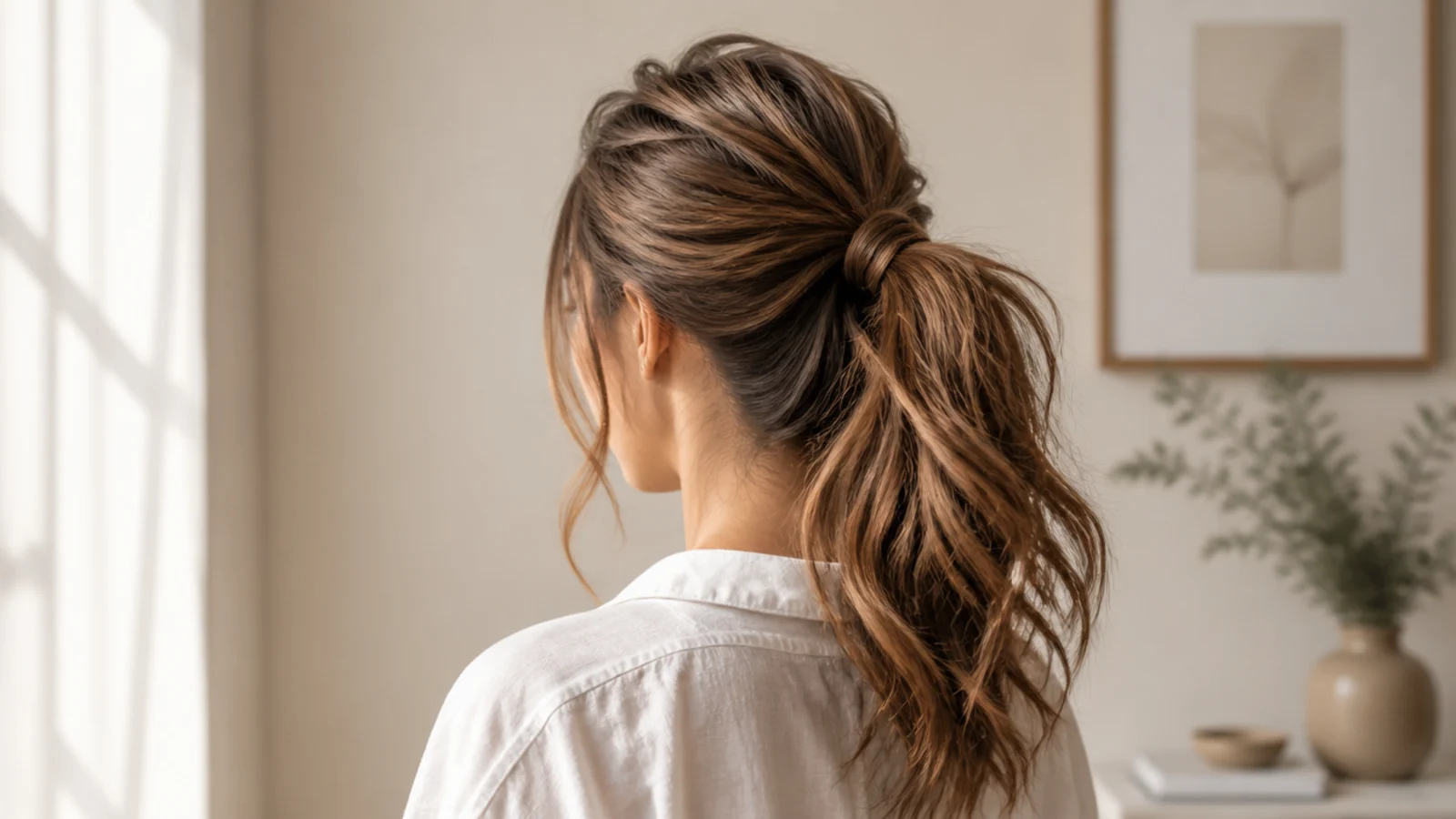Long hair in a messy mid-height ponytail with a teased crown and loose temple pieces