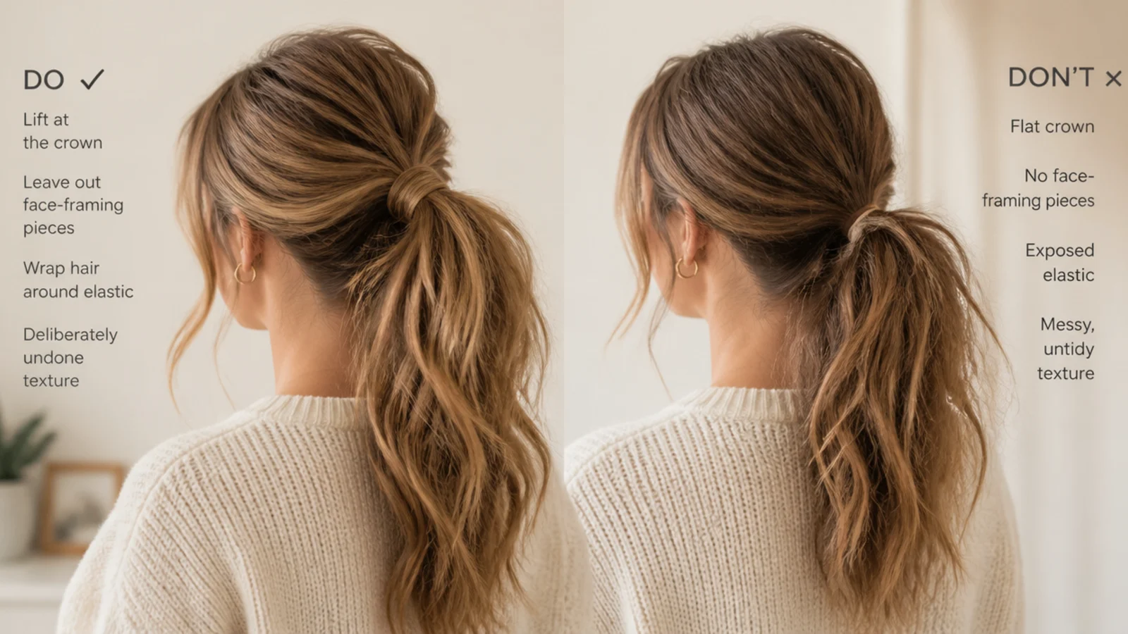 Two long hair ponytails compared showing a deliberate messy finish next to a genuinely untidy one