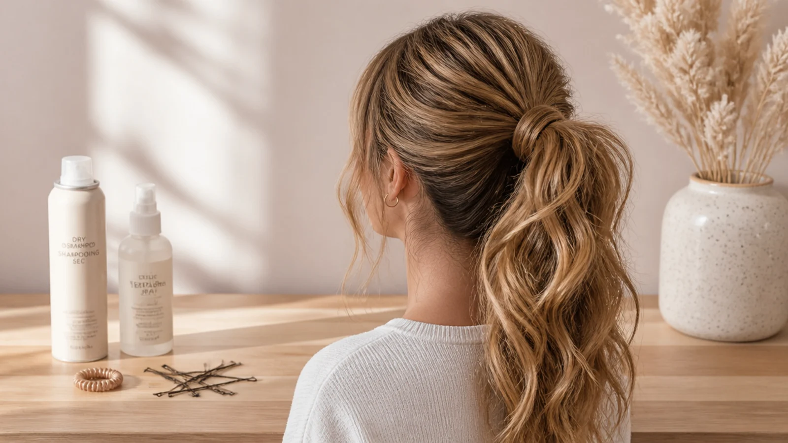 Dry shampoo, texture spray, spiral hair tie and bobby pins laid out for a long hair messy ponytail