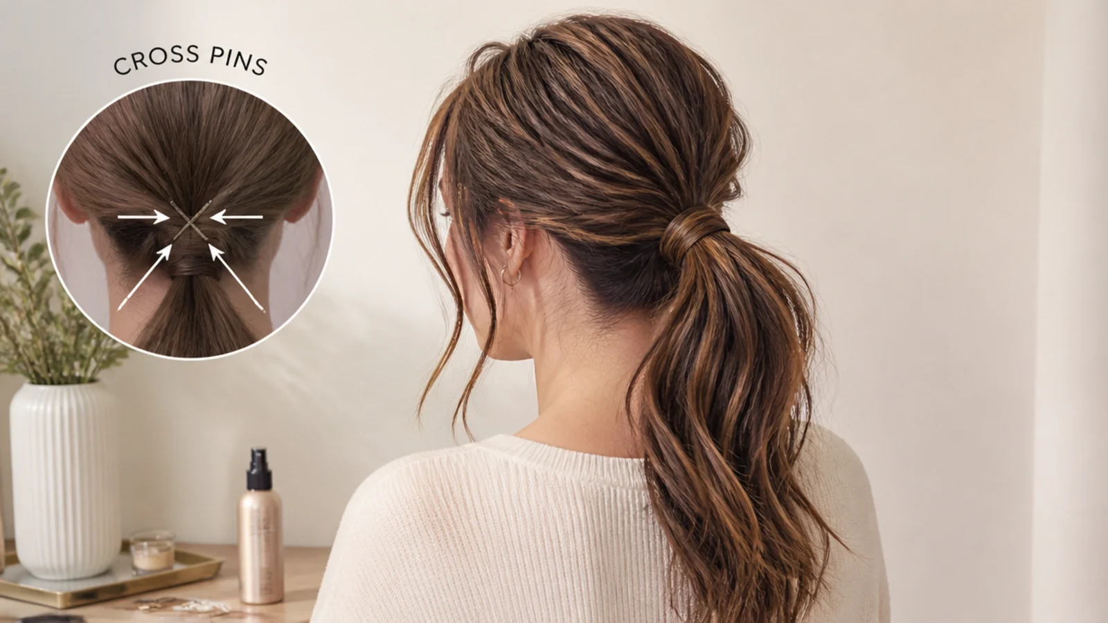 Diagram of a long hair ponytail base showing bobby pins crossed underneath for support