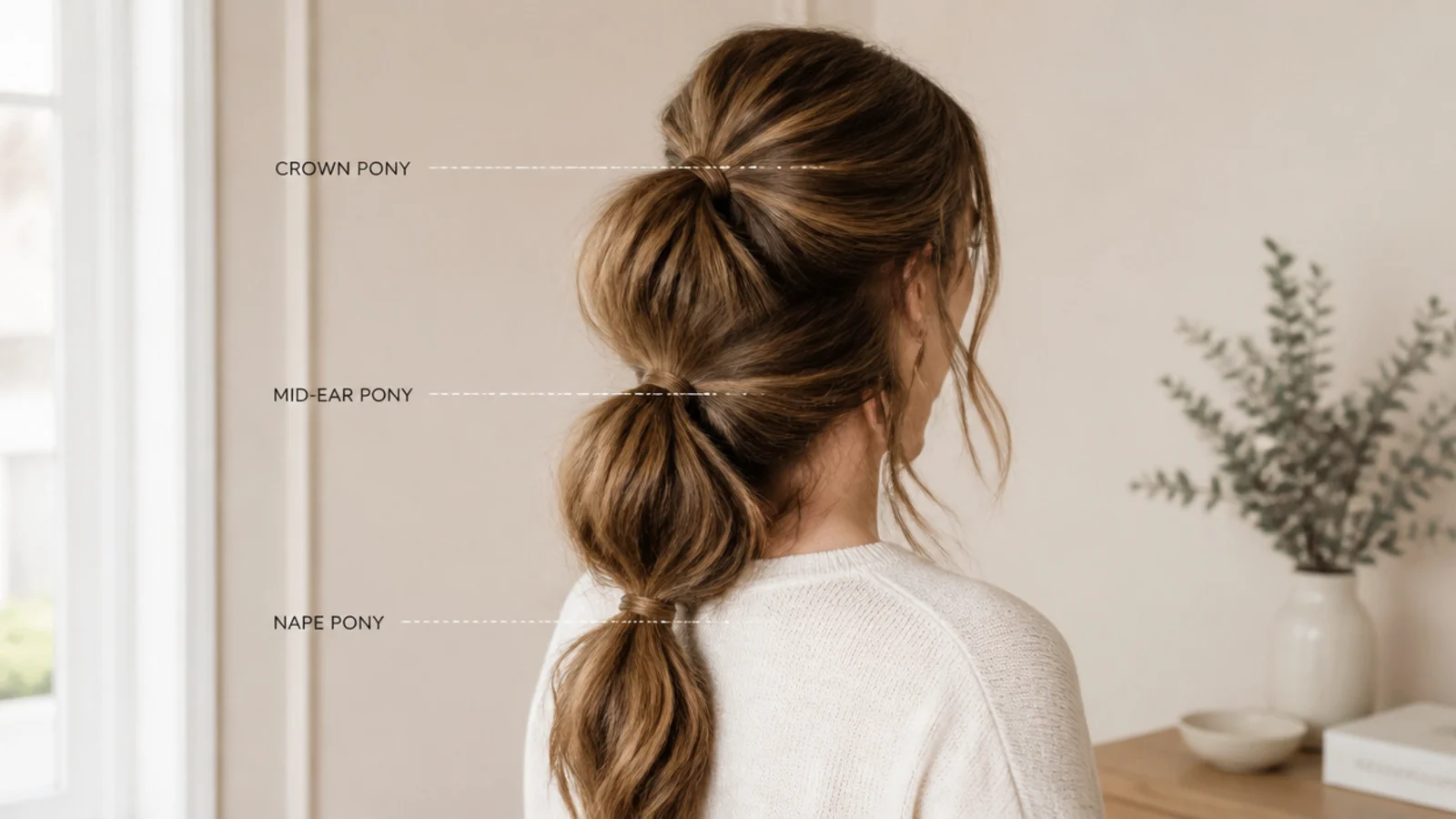 Three tie placements marked on long hair showing crown, mid-ear and nape ponytail heights