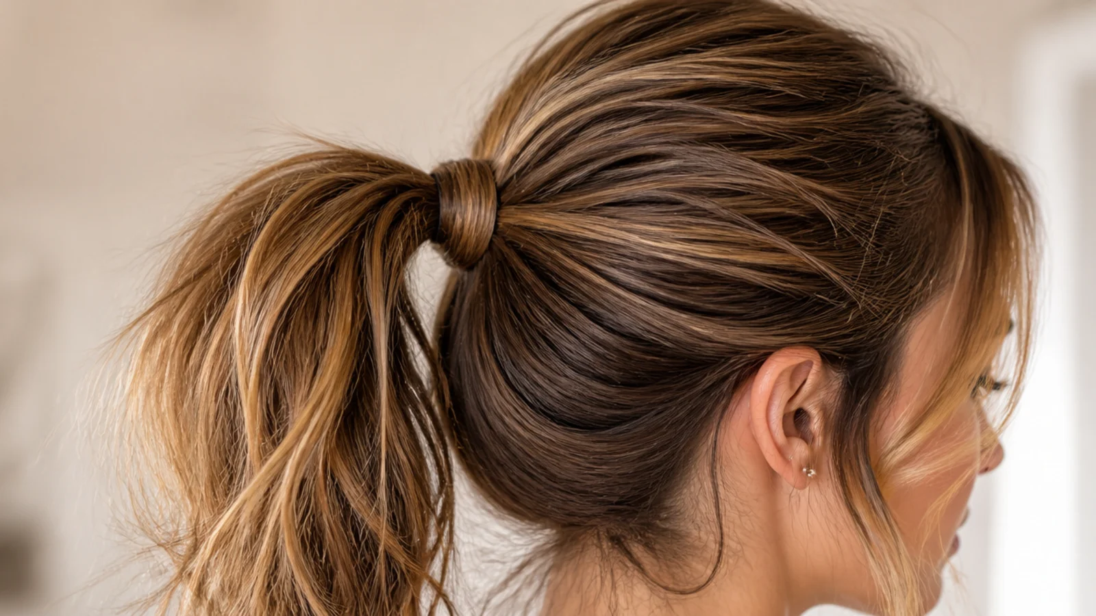 Shoulder length hair pulled into a high messy ponytail level with the outer eyebrow