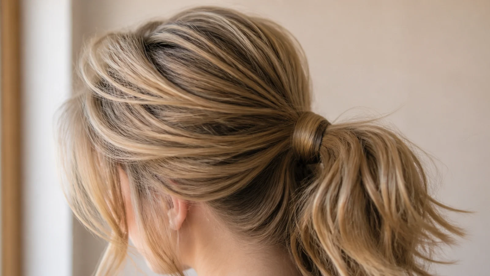 Medium hair messy ponytail with a backcombed teased crown creating lift above the forehead