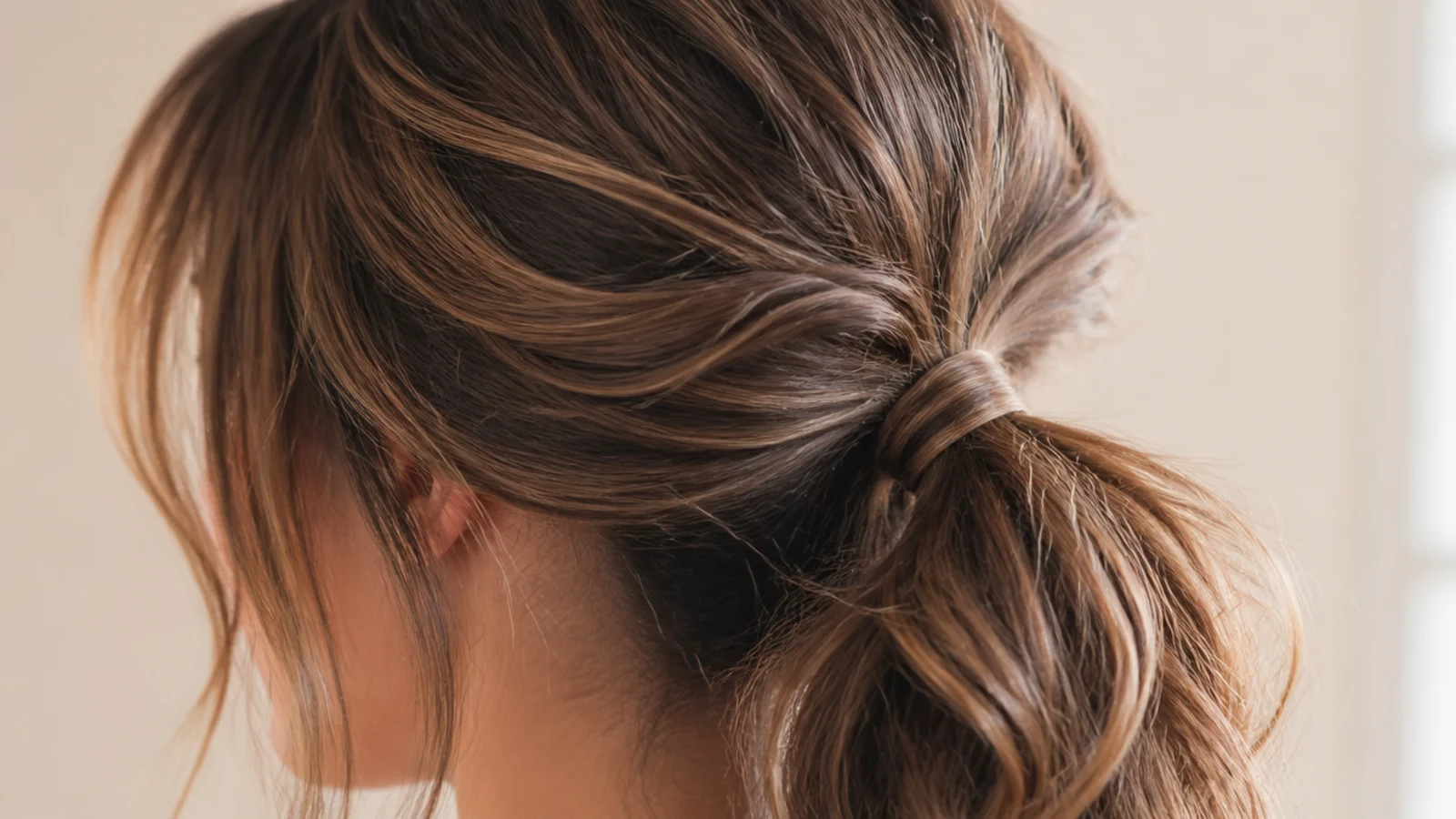 Mid-length messy ponytail with a strand of hair wrapped around the elastic to hide the hair tie