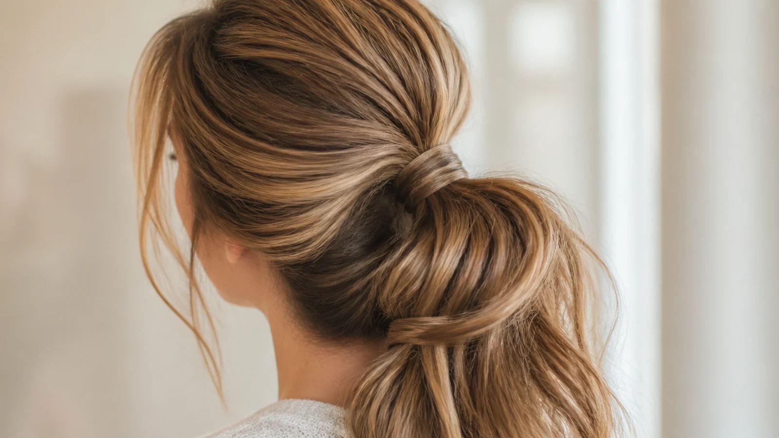 Two stacked ponytails on medium hair blended into one thick messy tail for extra fullness
