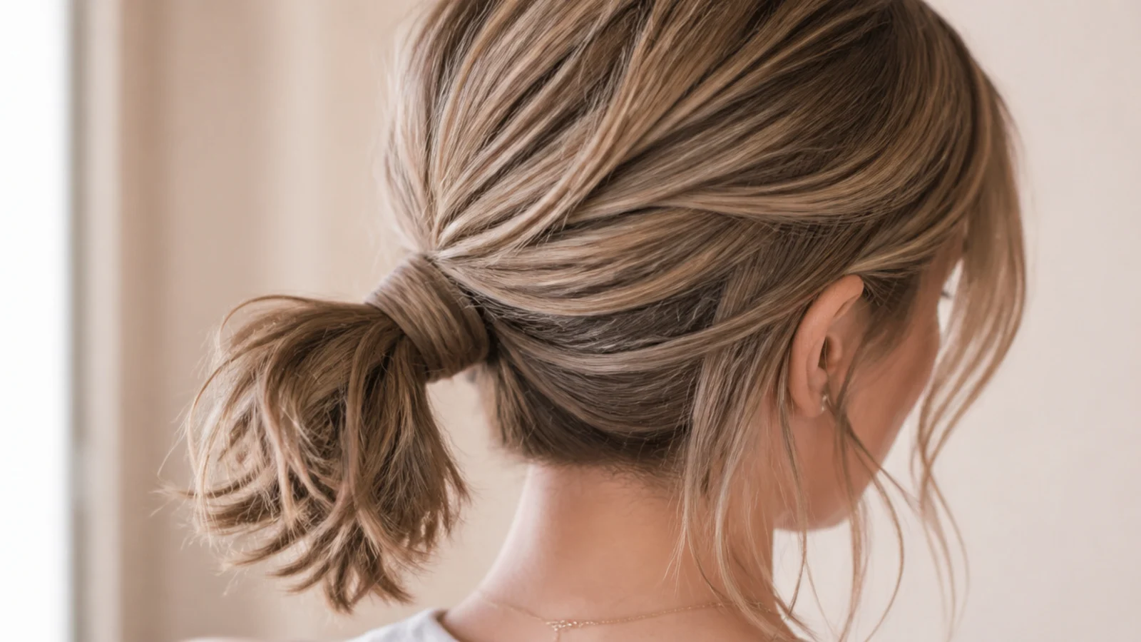 Blunt lob haircut gathered into a short messy ponytail with pinned under-layers at the nape