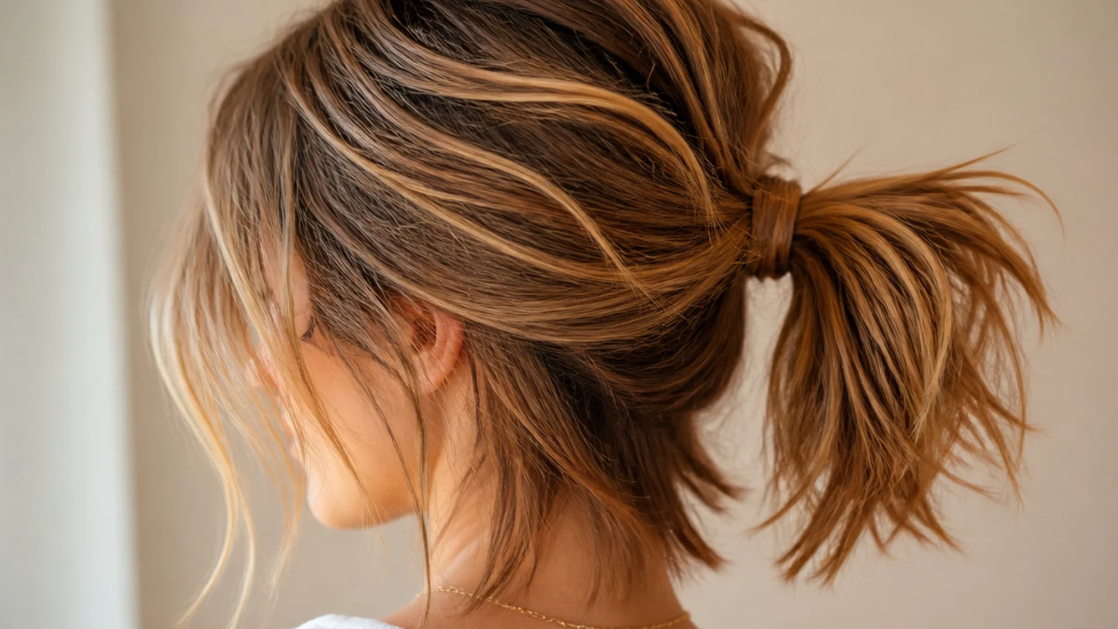 Choppy mid-length shag haircut in a messy ponytail with short layers left out around the face