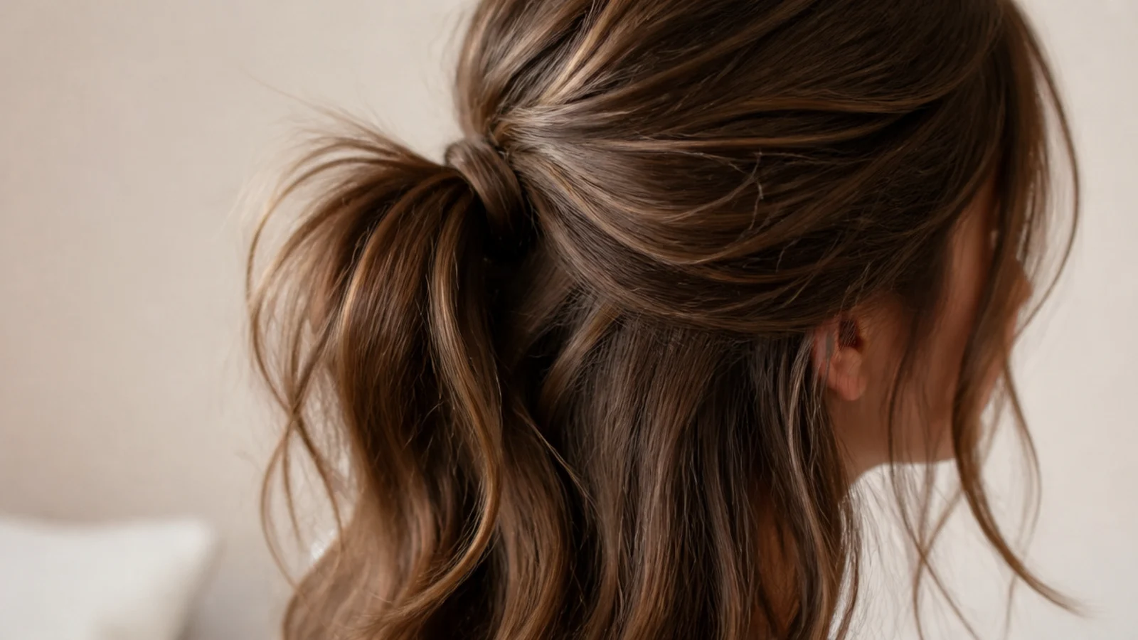 Half-up messy ponytail on medium hair with the lower length left loose over the shoulders