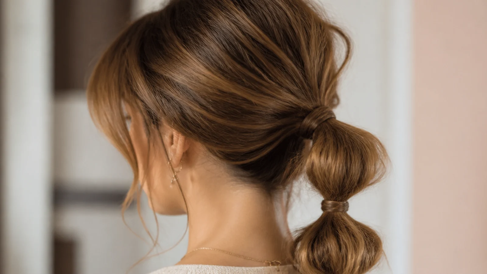 Medium hair in a messy bubble ponytail with two puffed segments separated by clear elastics