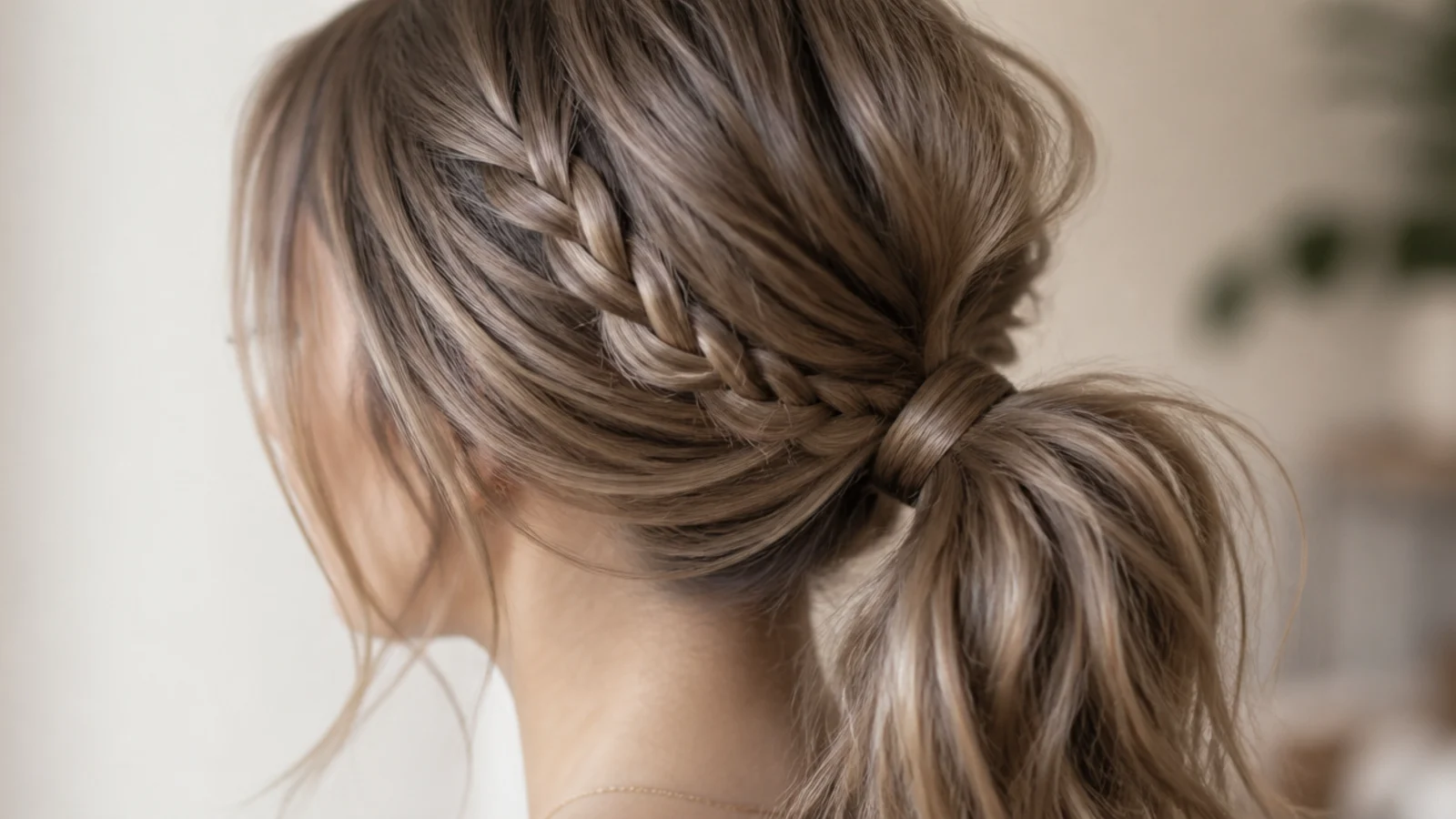 Medium hair messy ponytail with a loose three-strand braid running from the hairline to the tie