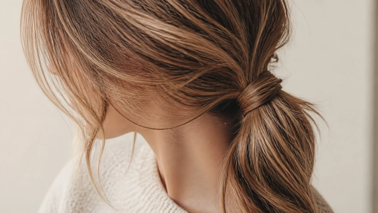 Collarbone length hair swept to one side in a low messy ponytail resting over the shoulder