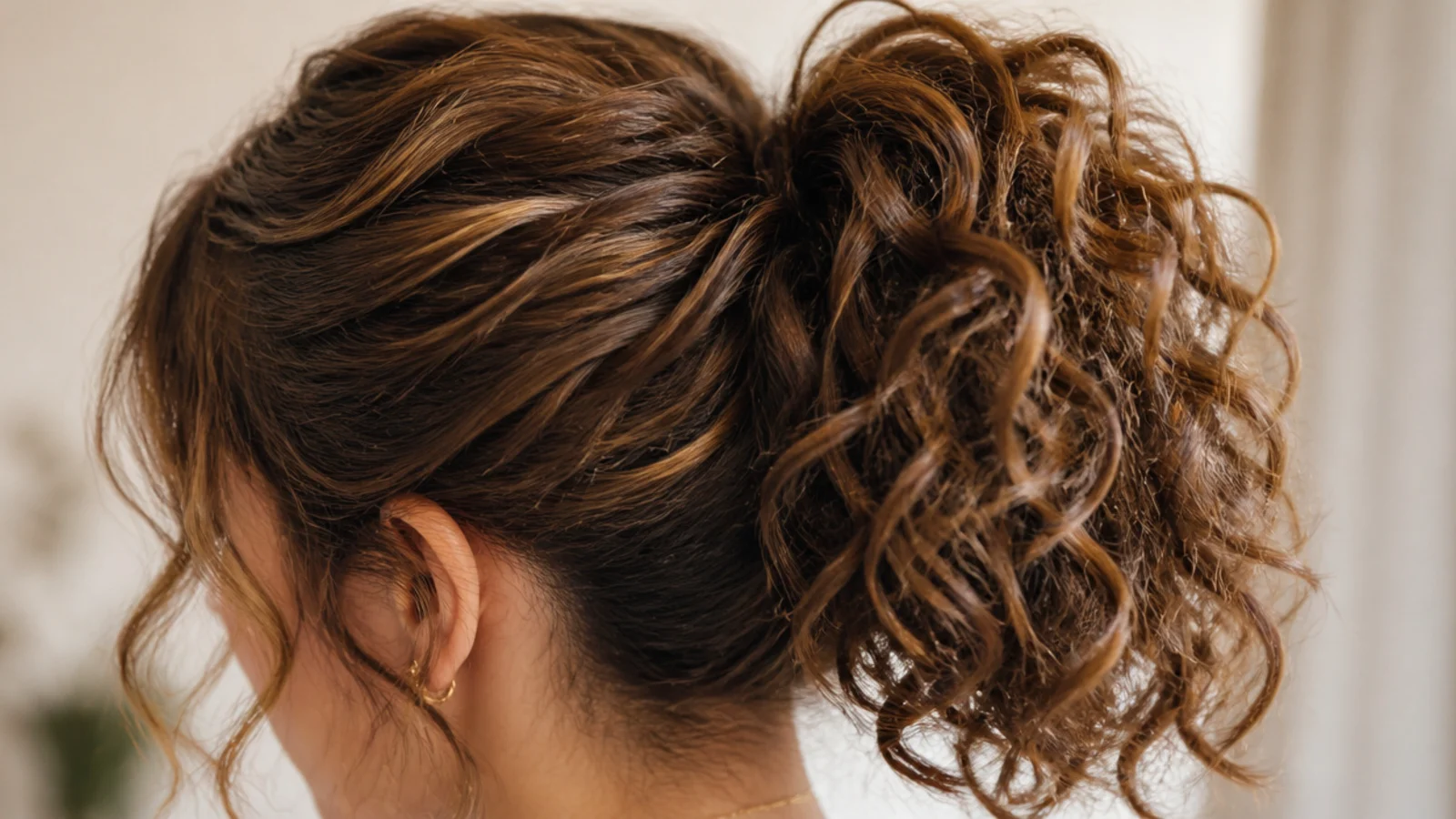 Medium length curly hair gathered into a high messy ponytail with defined 3a curls in the tail