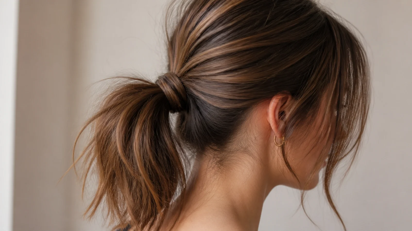 Medium hair in a mid-height messy ponytail with curtain bangs framing the face on both sides