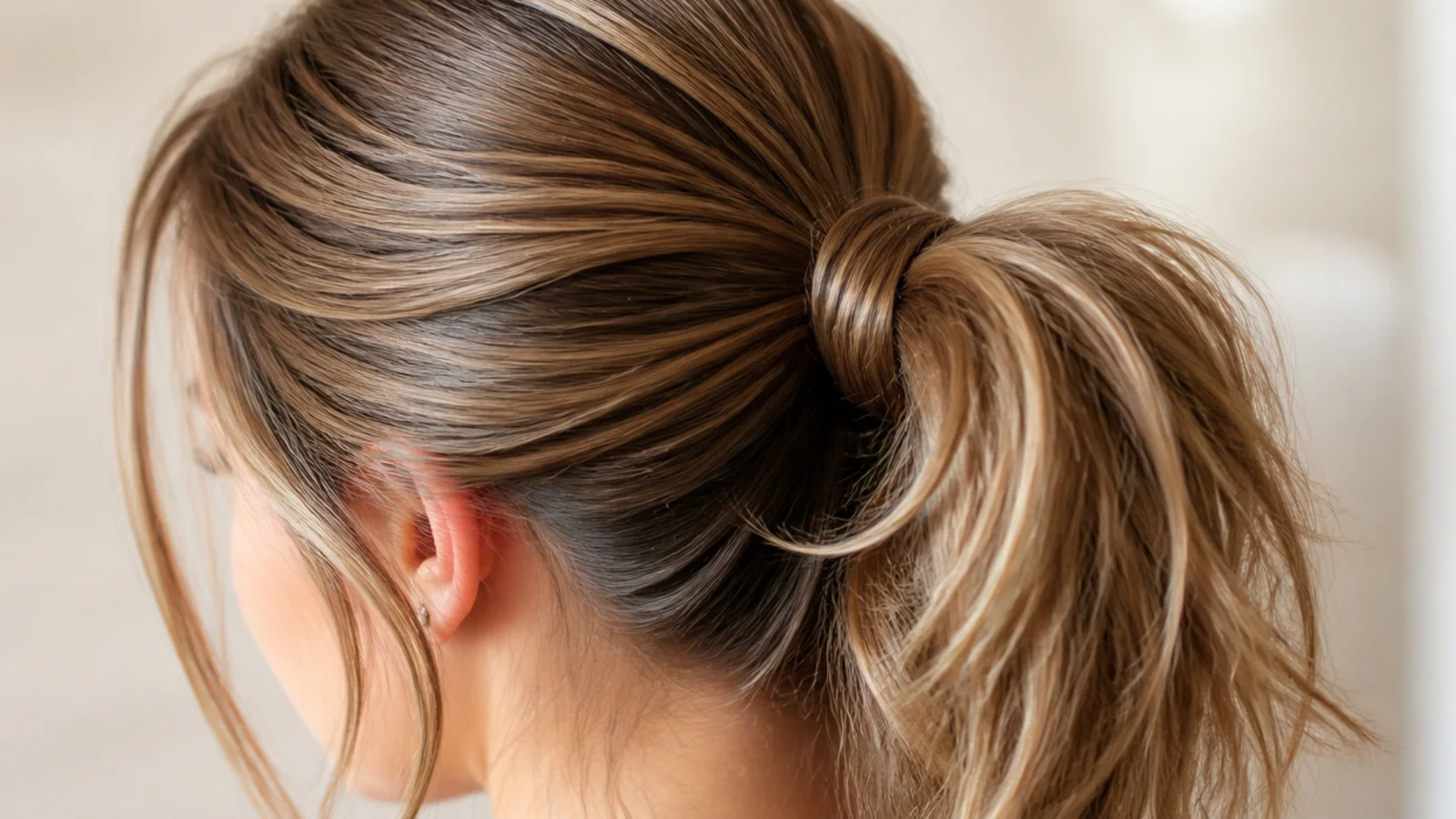 Medium length ponytail with smooth polished roots and a deliberately tousled undone tail