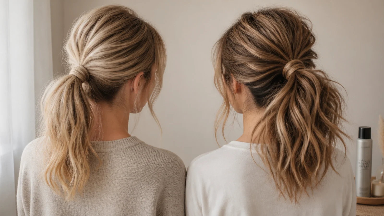 Fine medium hair and thick medium hair styled in messy ponytails side by side for comparison