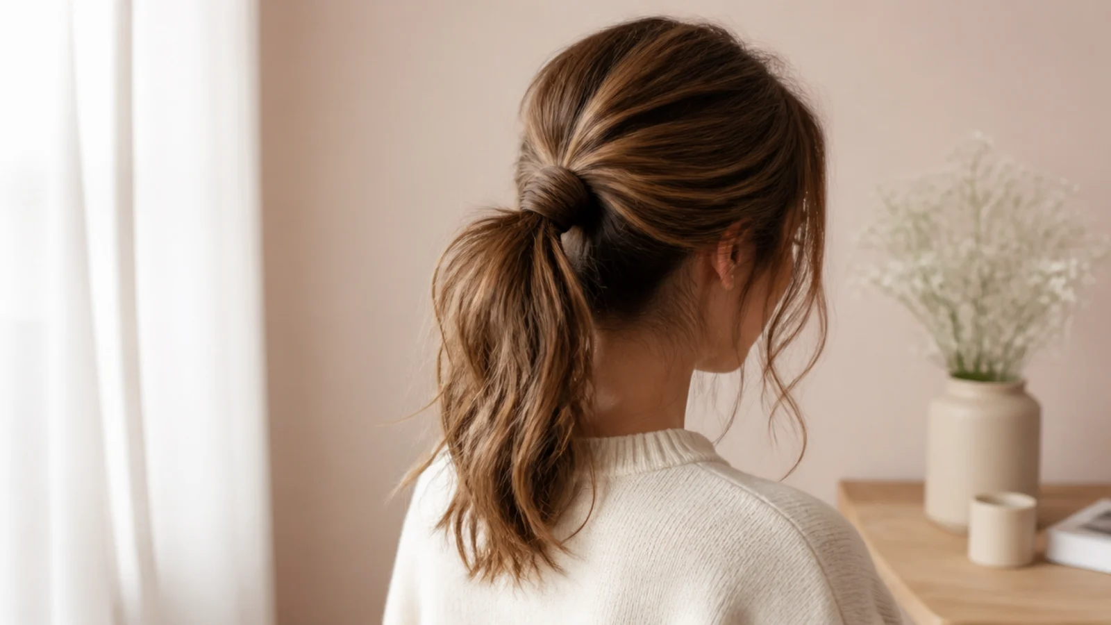 Medium length hair in a messy mid-height ponytail with a teased crown and loose temple pieces