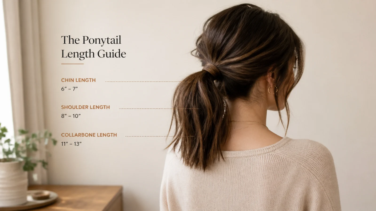 Medium hair lengths marked at chin, shoulder and collarbone showing the ponytail range in inches