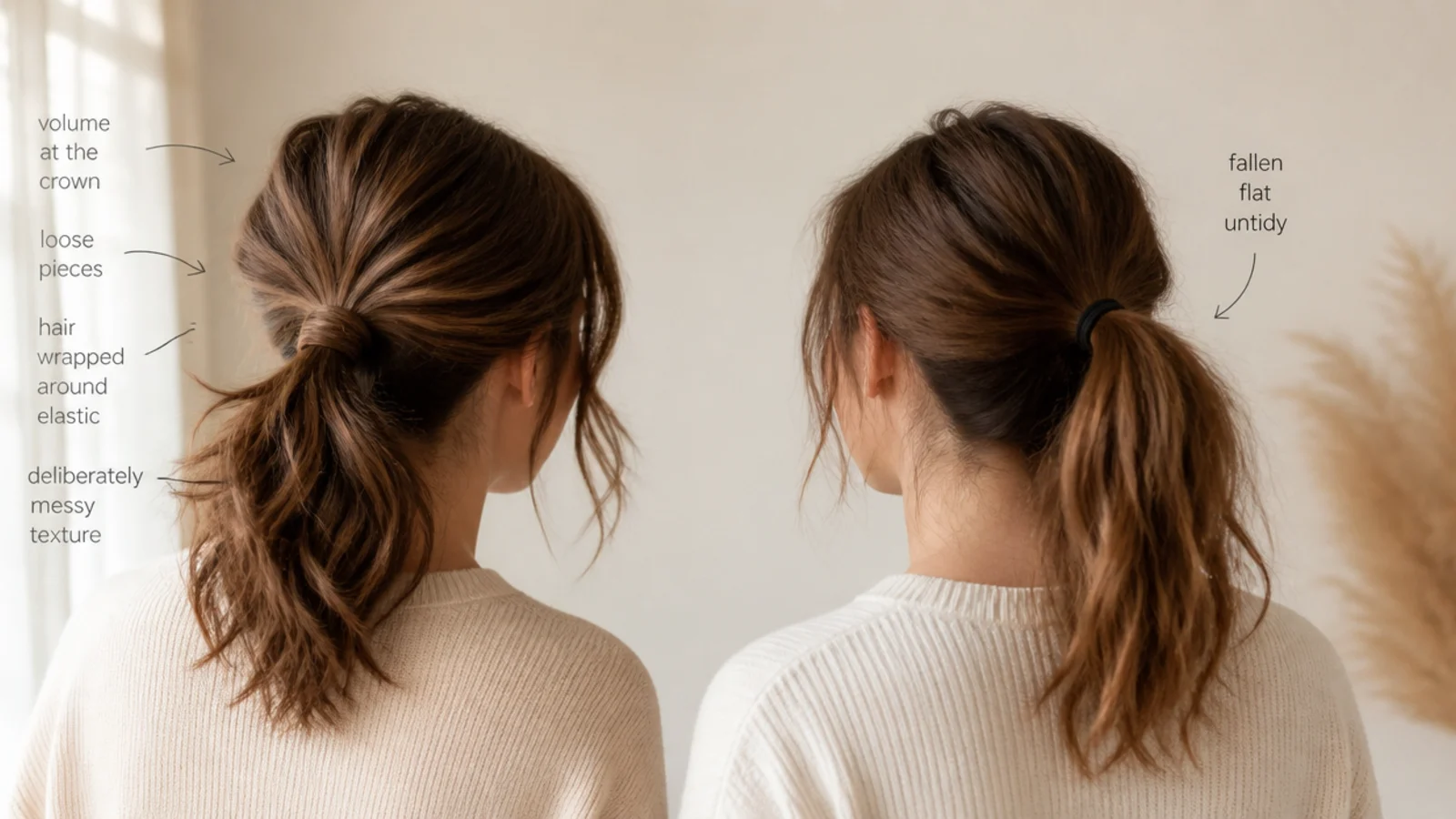 Two medium hair ponytails compared showing a deliberate messy finish next to a genuinely untidy one