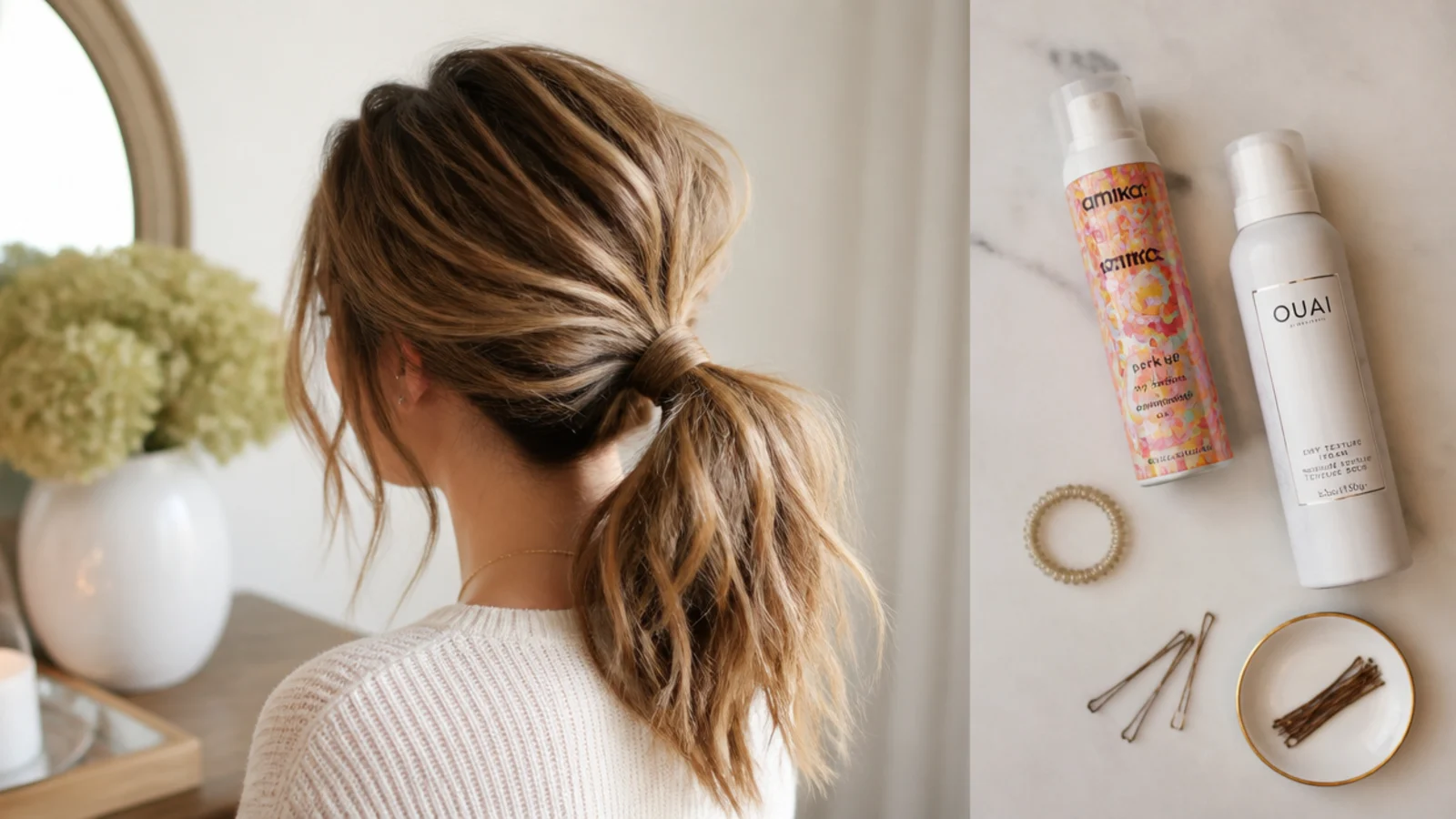 Dry shampoo, texture spray, spiral hair tie and bobby pins laid out for a medium hair messy ponytail